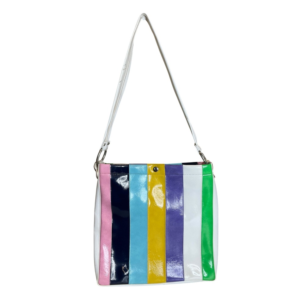 Vintage Vinyl Rainbow Striped Tote Shoulder Bag Mod Dopamine 60s 70s Casual